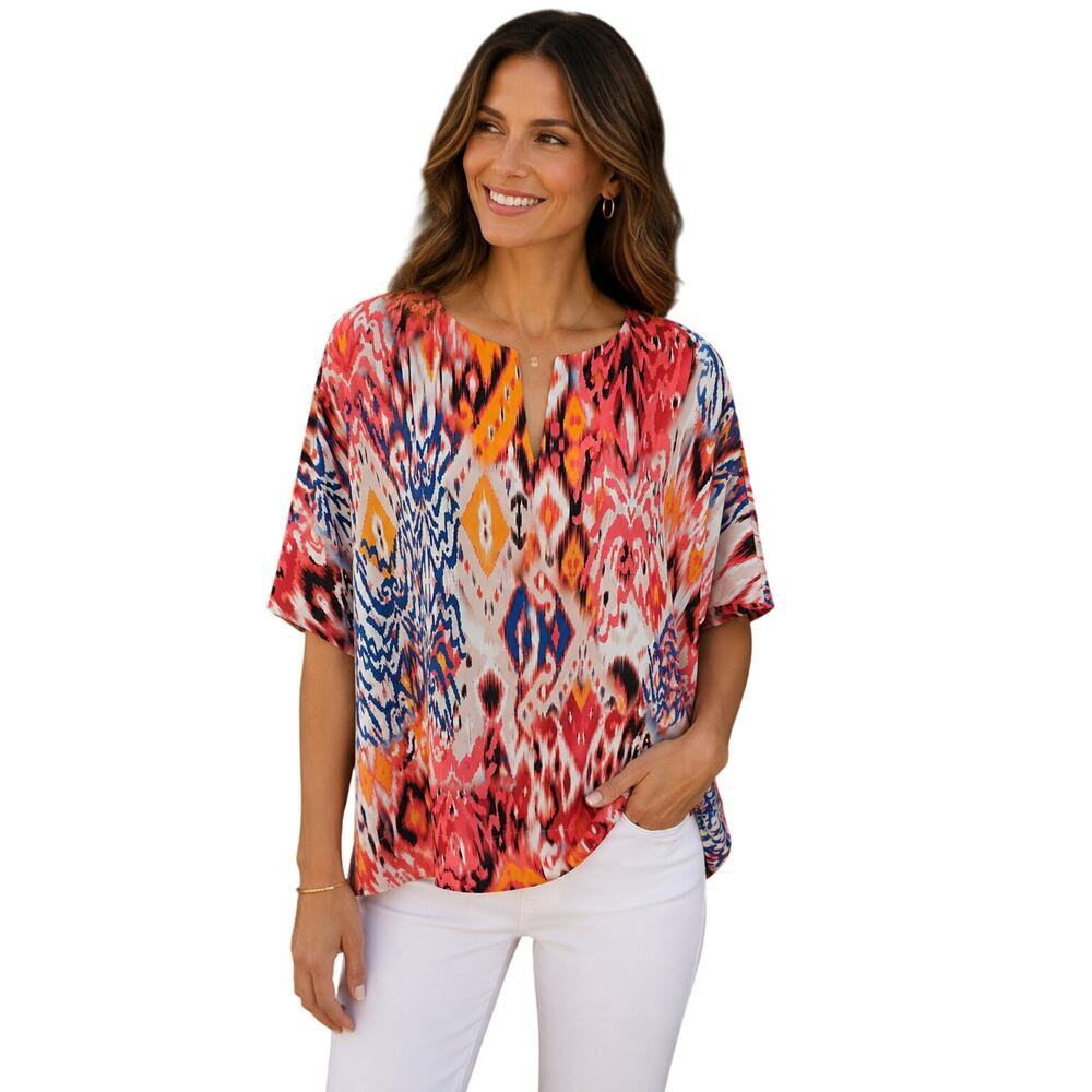 Chicos 0 (4/6 S) rainbow watercolor slub split neck career casual bright top